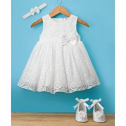 Babyhug Woven Sleeveless Lace Baptism Party Dress with Headband Booties & Pearl Detailing - White