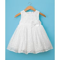 Babyhug Woven Sleeveless Lace Baptism Party Dress with Headband Booties & Pearl Detailing - White