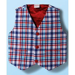 Babyhug Cotton Woven Full Sleeves Giraffe Printed Party T-Shirt & Trouser Set with Yarn Dyed Checks Waistcoat - Blue