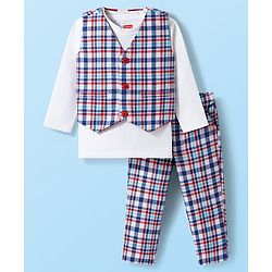 Babyhug Cotton Woven Full Sleeves Giraffe Printed Party T-Shirt & Trouser Set with Yarn Dyed Checks Waistcoat - Blue