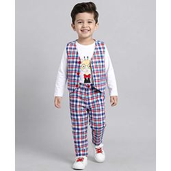 Babyhug Cotton Woven Full Sleeves Giraffe Printed Party T-Shirt & Trouser Set with Yarn Dyed Checks Waistcoat - Blue