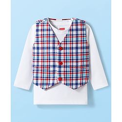 Babyhug Cotton Woven Full Sleeves Giraffe Printed Party T-Shirt & Trouser Set with Yarn Dyed Checks Waistcoat - Blue