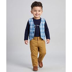 Babyhug Cotton Woven Full Sleeves T-Shirt with Yarn Dyed Checks Waistcoat & Trouser - Blue