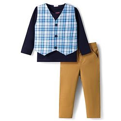 Babyhug Cotton Woven Full Sleeves T-Shirt with Yarn Dyed Checks Waistcoat & Trouser - Blue