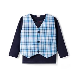 Babyhug Cotton Woven Full Sleeves T-Shirt with Yarn Dyed Checks Waistcoat & Trouser - Blue