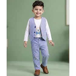 Babyhug Cotton Woven Full Sleeves Dog Printed Party T-Shirt & Trouser Set With Waistcoat - Blue