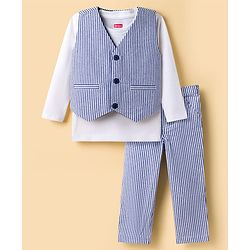 Babyhug Cotton Woven Full Sleeves Dog Printed Party T-Shirt & Trouser Set With Waistcoat - Blue