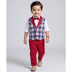 Babyhug Cotton Woven Full Sleeves Yarn Dyed Checks 3 Piece Party Suit With Bow & Waist Coat - Maroon