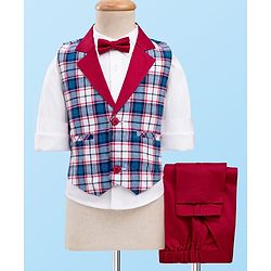 Babyhug Cotton Woven Full Sleeves Yarn Dyed Checks 3 Piece Party Suit With Bow & Waist Coat - Maroon