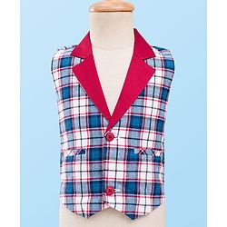 Babyhug Cotton Woven Full Sleeves Yarn Dyed Checks 3 Piece Party Suit With Bow & Waist Coat - Maroon