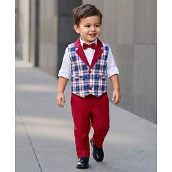 Babyhug Cotton Woven Yarn Dyed 3 Piece Party Suit with Bow & Checks - Maroon & White