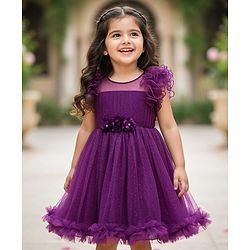 Babyhug Woven Sleeveless Fit & Flare Mesh Party Dress with Ruffles & Floral Applique - Purple