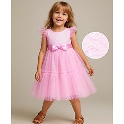 Babyhug 5 Layered Sleeveless Partywear Mesh Dress With Sequinned Yoke & Bow Applique With Cotton Lining - Light Pink