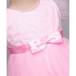 Babyhug 5 Layered Sleeveless Partywear Mesh Dress With Sequinned Yoke & Bow Applique With Cotton Lining - Light Pink