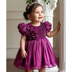 Babyhug Woven Half Sleeves Party Dress With Floral Corsage - Wine