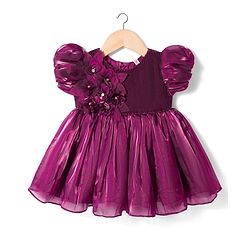 Babyhug Woven Half Sleeves Party Dress With Floral Corsage - Wine