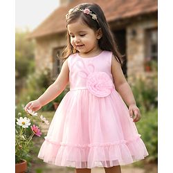 Babyhug Woven Sleeveless Party Dress With Floral Corsage - Pink