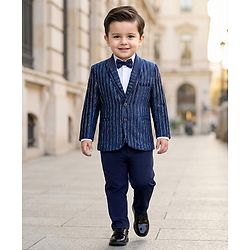 Babyhug Velour Knit Full Sleeves Shimmer 3 Piece Party Suit With Bow - Navy Blue & White