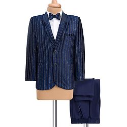 Babyhug Velour Knit Full Sleeves Shimmer 3 Piece Party Suit With Bow - Navy Blue & White