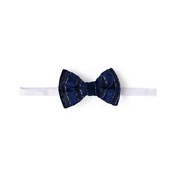 Babyhug Velour Knit Full Sleeves Shimmer 3 Piece Party Suit With Bow - Navy Blue & White