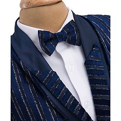 Babyhug Velour Knit Full Sleeves Shimmer 3 Piece Party Suit With Bow - Navy Blue & White