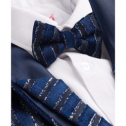Babyhug Velour Knit Full Sleeves Shimmer 3 Piece Party Suit With Bow - Navy Blue & White
