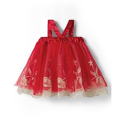 Babyhug Mesh Woven Sleeveless Party Dress With Floral Applique & Embroidery - Red