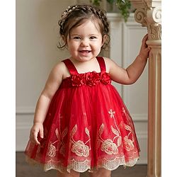 Babyhug Mesh Woven Sleeveless Party Dress With Floral Applique & Embroidery - Red