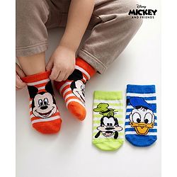 Cute Walk by Babyhug Disney Knit Ankle Length Antibacterial Socks With Mickey Mouse and Friends Graphic Pack of 3 - Blue & Orange