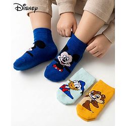 Cute Walk by Babyhug Disney Knitted Ankle Length Anti Bacterial Socks With Mickey Mouse and Friends Graphic Pack of 3 - Yellow & Blue