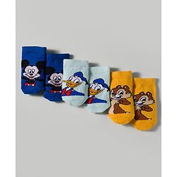Cute Walk by Babyhug Disney Knitted Ankle Length Anti Bacterial Socks With Mickey Mouse and Friends Graphic Pack of 3 - Yellow & Blue