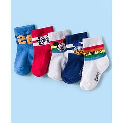 Cute Walk by Babyhug Disney Knit Ankle Length Antibacterial Socks with Mickey Mouse and Friends Graphic Pack of 5 - Navy Blue Red & White