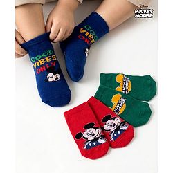 Cute Walk by Babyhug Disney Knit Ankle Length Antibacterial Socks with Mickey Mouse Graphic Pack of 3 - Dark Green Red & Navy Blue