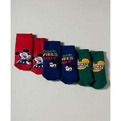 Cute Walk by Babyhug Disney Knit Ankle Length Antibacterial Socks with Mickey Mouse Graphic Pack of 3 - Dark Green Red & Navy Blue