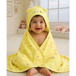 Babyhug Cotton Terry Knit Hooded Towel with Ear Applique Heart Print & Embroidery L 74 x B 69 cm - Yellow