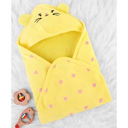 Babyhug Cotton Terry Knit Hooded Towel with Ear Applique Heart Print & Embroidery L 74 x B 69 cm - Yellow