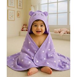 Babyhug Cotton Terry Knit Hooded Towel with Ear Applique Polka Dot Print & Embroidery L 73 x B 72 cm - Lilac
