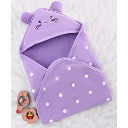 Babyhug Cotton Terry Knit Hooded Towel with Ear Applique Polka Dot Print & Embroidery L 73 x B 72 cm - Lilac