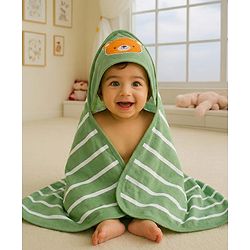 Babyhug Cotton Terry Knit Hooded Towel with Bear Patch Detailing & Stripes L 76 x B 74 cm - Green