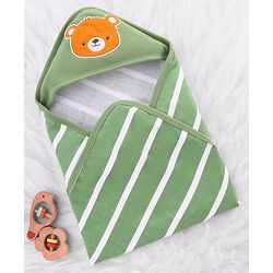 Babyhug Cotton Terry Knit Hooded Towel with Bear Patch Detailing & Stripes L 76 x B 74 cm - Green