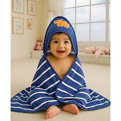 Babyhug Cotton Terry Knit Hooded Towel with Bear Patch Detailing & Stripes L 76 x B 76 cm - Navy Blue