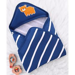 Babyhug Cotton Terry Knit Hooded Towel with Bear Patch Detailing & Stripes L 76 x B 76 cm - Navy Blue