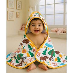 Babyhug Cotton Terry Knit Hooded Towel with Jungle Theme Print L 75 x B 74 cm - White