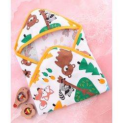 Babyhug Cotton Terry Knit Hooded Towel with Jungle Theme Print L 75 x B 74 cm - White