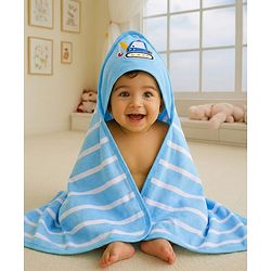Babyhug Cotton Terry Knit Hooded Towel with Crane Patch Detailing & Stripes L 74 x B 74 cm - Light Blue