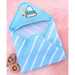 Babyhug Cotton Terry Knit Hooded Towel with Crane Patch Detailing & Stripes L 74 x B 74 cm - Light Blue
