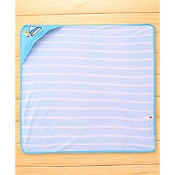 Babyhug Cotton Terry Knit Hooded Towel with Crane Patch Detailing & Stripes L 74 x B 74 cm - Light Blue