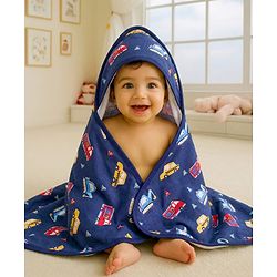 Babyhug Cotton Terry Knit Hooded Towel with Vehicle Print L 75 x B 73 cm - Navy Blue