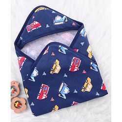 Babyhug Cotton Terry Knit Hooded Towel with Vehicle Print L 75 x B 73 cm - Navy Blue