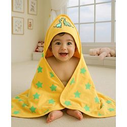 Babyhug Cotton Terry Knit Hooded Towel with Star Print & Dino Embroidery L 73 x B 71 cm - Yellow